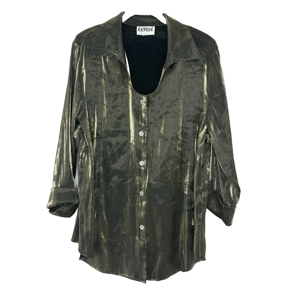 Expose Women’s Metallic Vintage Button Front Collared 3/4 Sleeve Blouse Sz 22